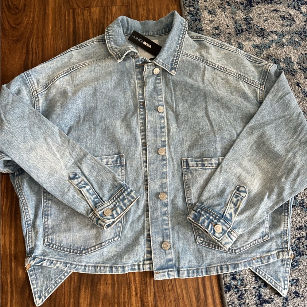 Fashion Nova Light Blue Denim Jacket with Contrast Stitching